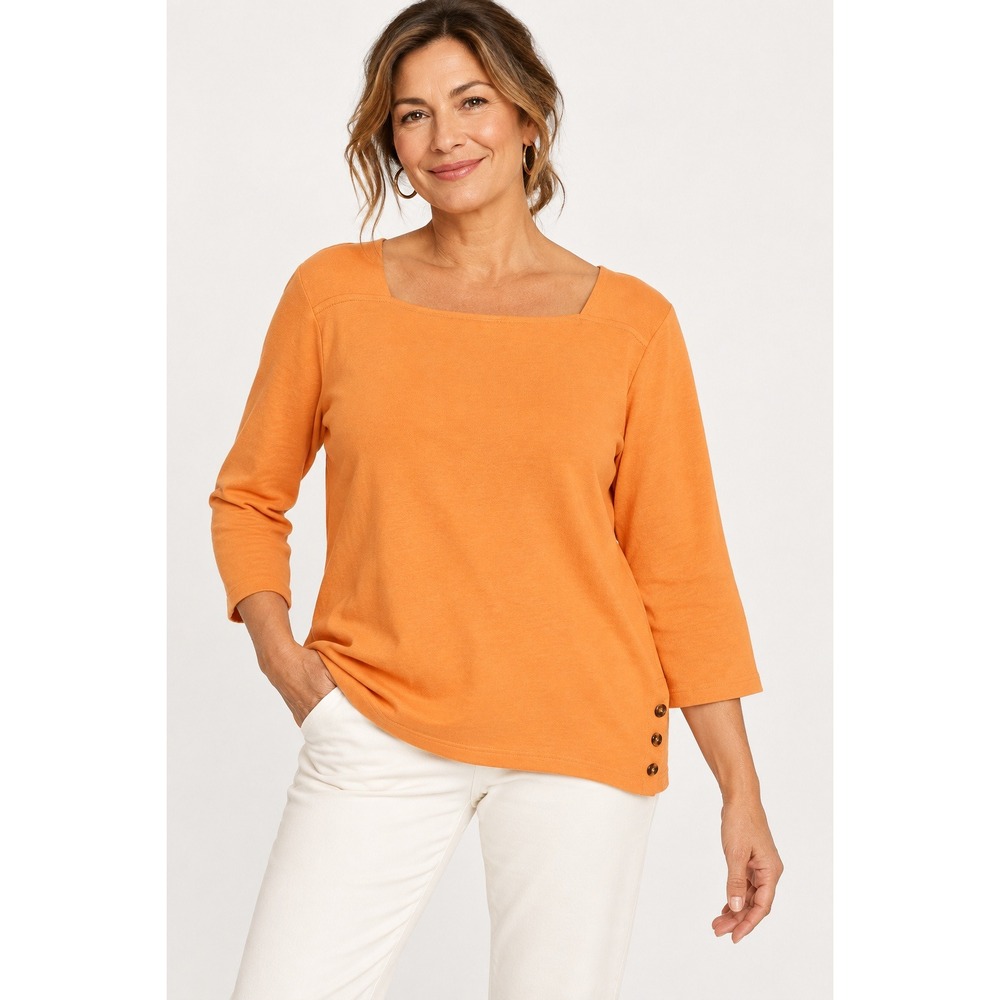 Chico's Women‎ Top XL Orange Supima Cotton Square Neck 3/4 Sleeve Button Detail